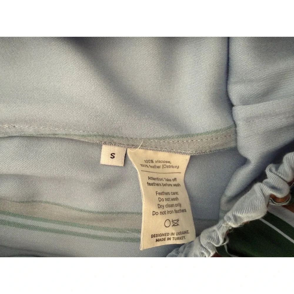 Sleeper Pajama Set Women Small Blue Green Striped Ostrich Feather Trim 2 Piece